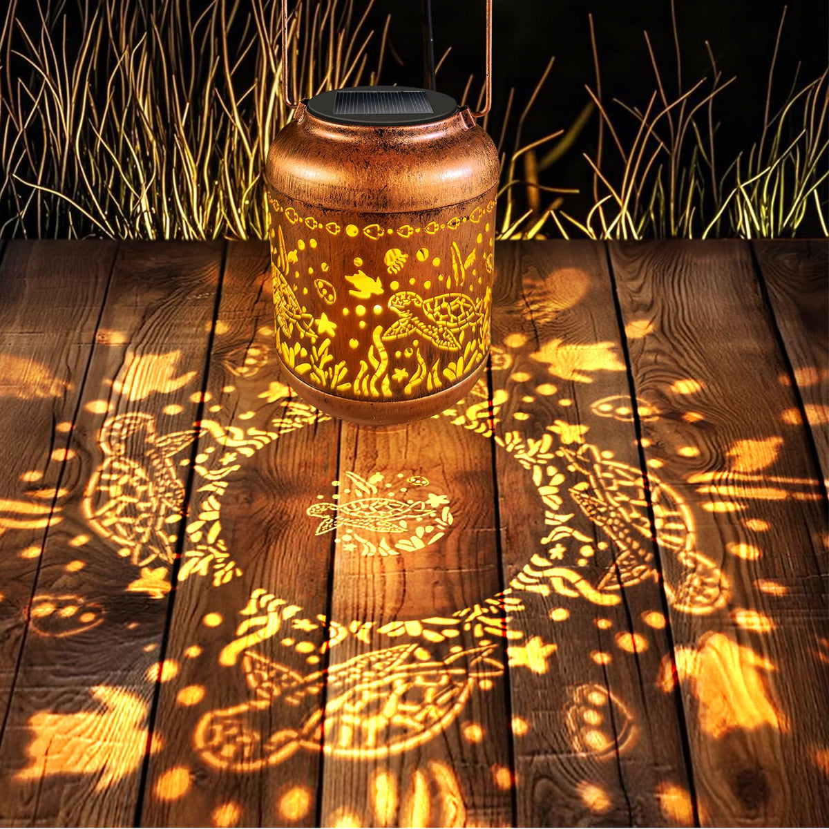 GOTOME Sea Turtle Lantern with hollow metal finish for retro garden charm.