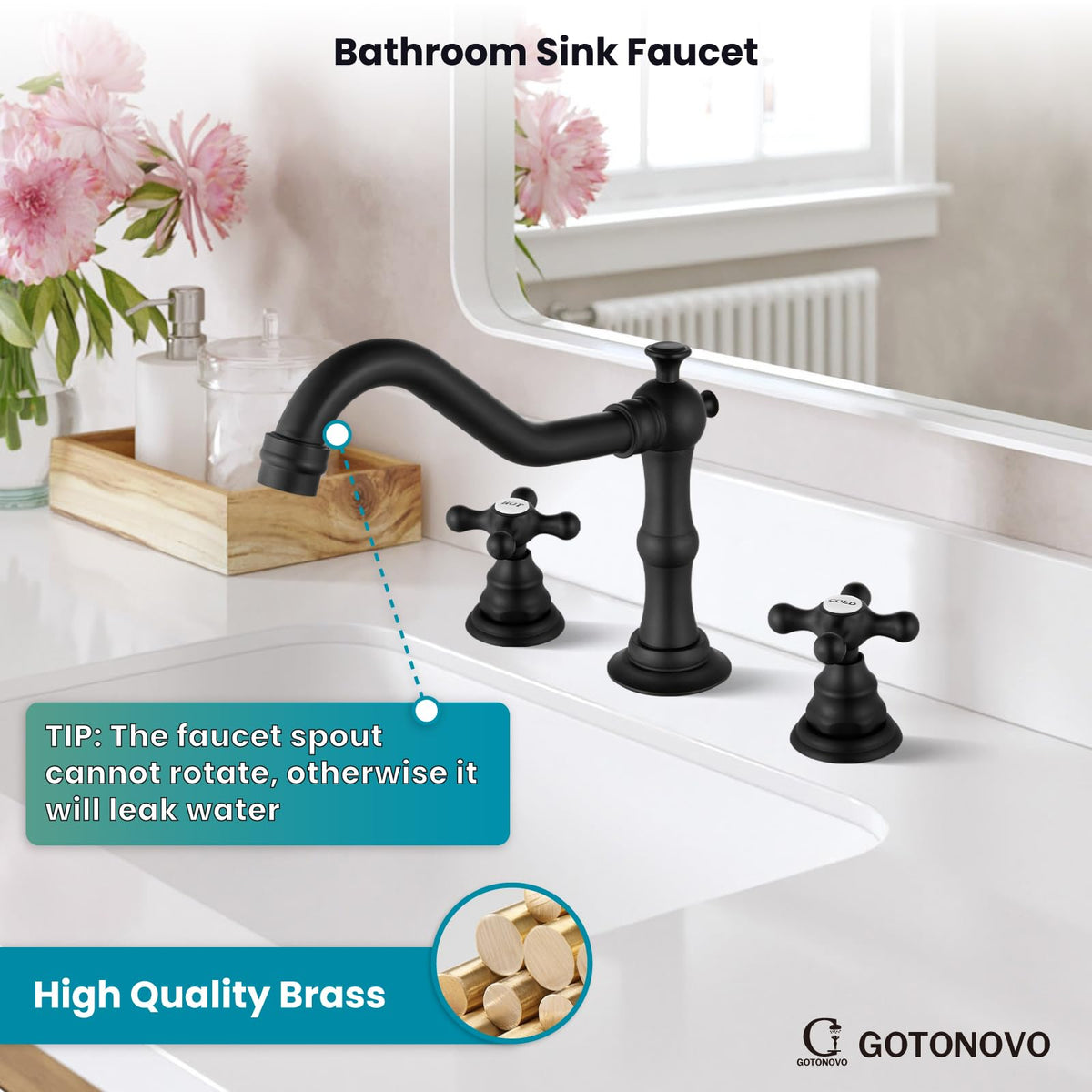 gotonovo bathroom faucet cross handles close-up showing precise temperature control.
