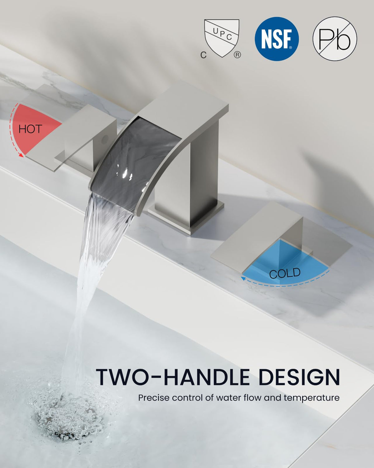 Gotonovo deck mount 3-hole vanity faucet with two handles for precise control.