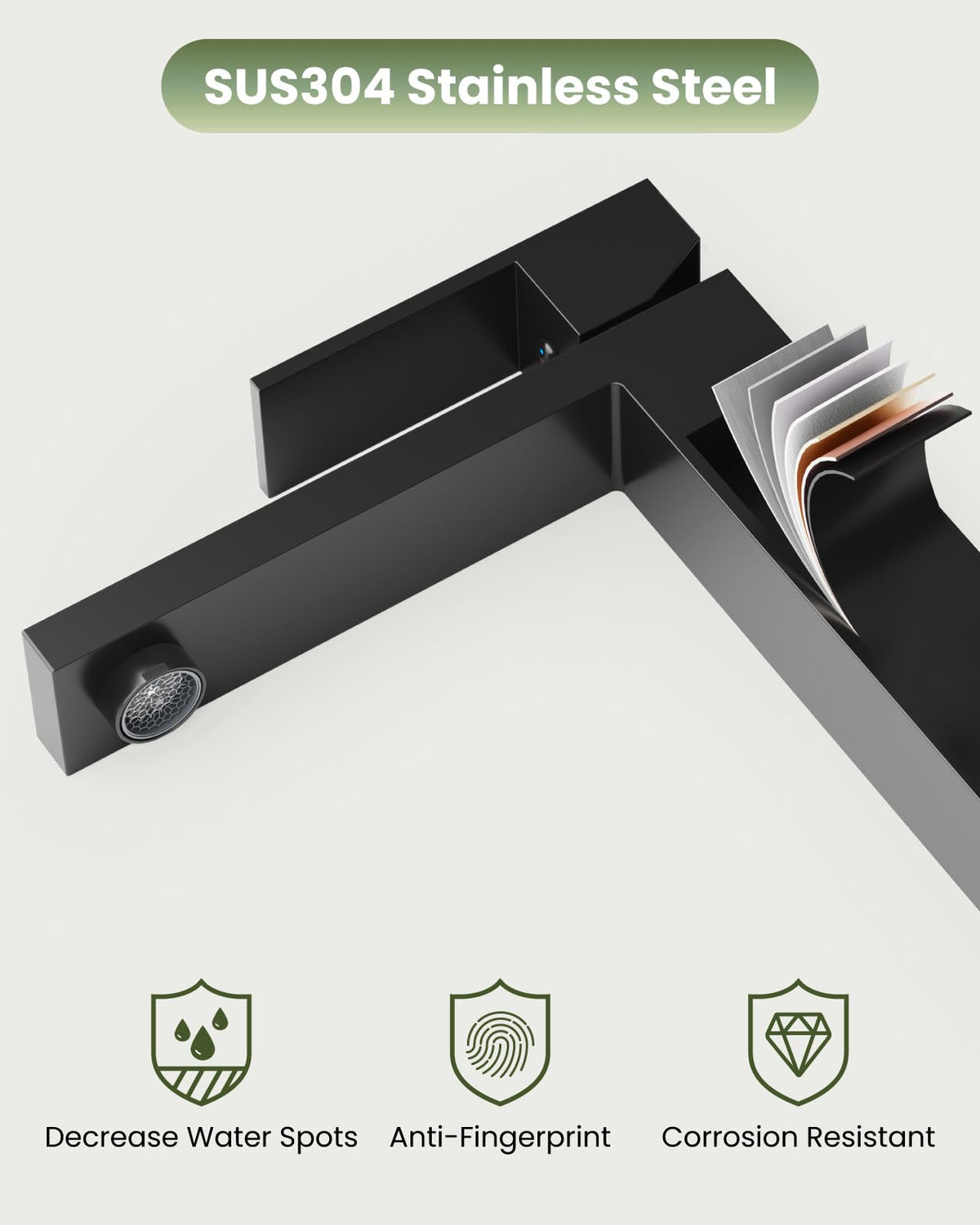 Gotonovo matte-black faucet spout complements contemporary vanity aesthetics.