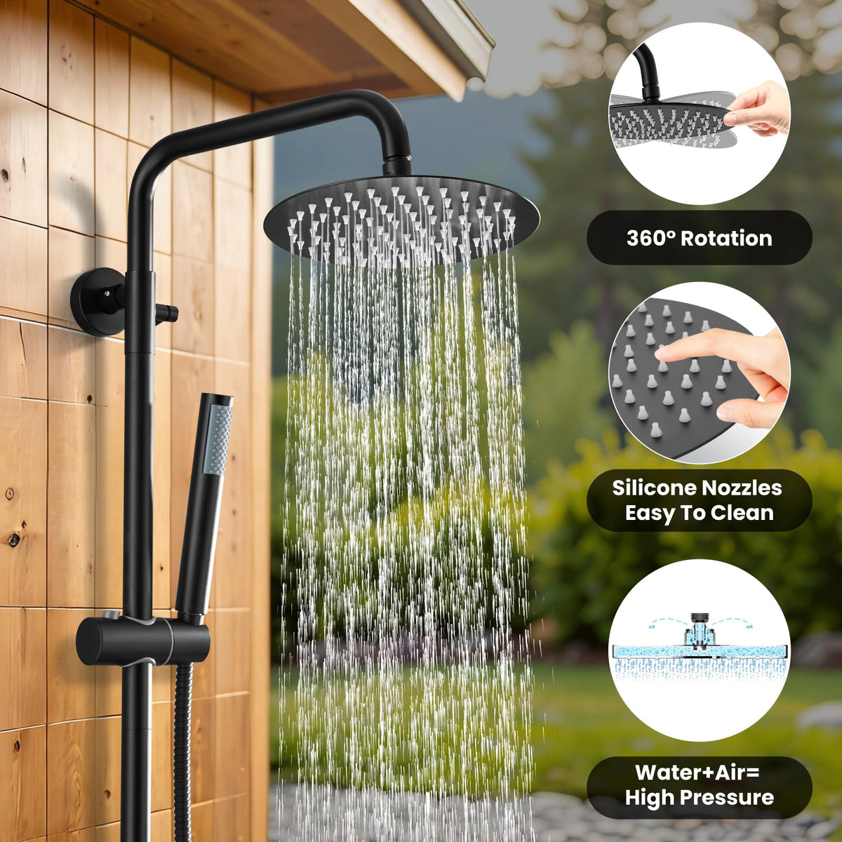 Diverter knob switches easily between rainfall and handheld spray.