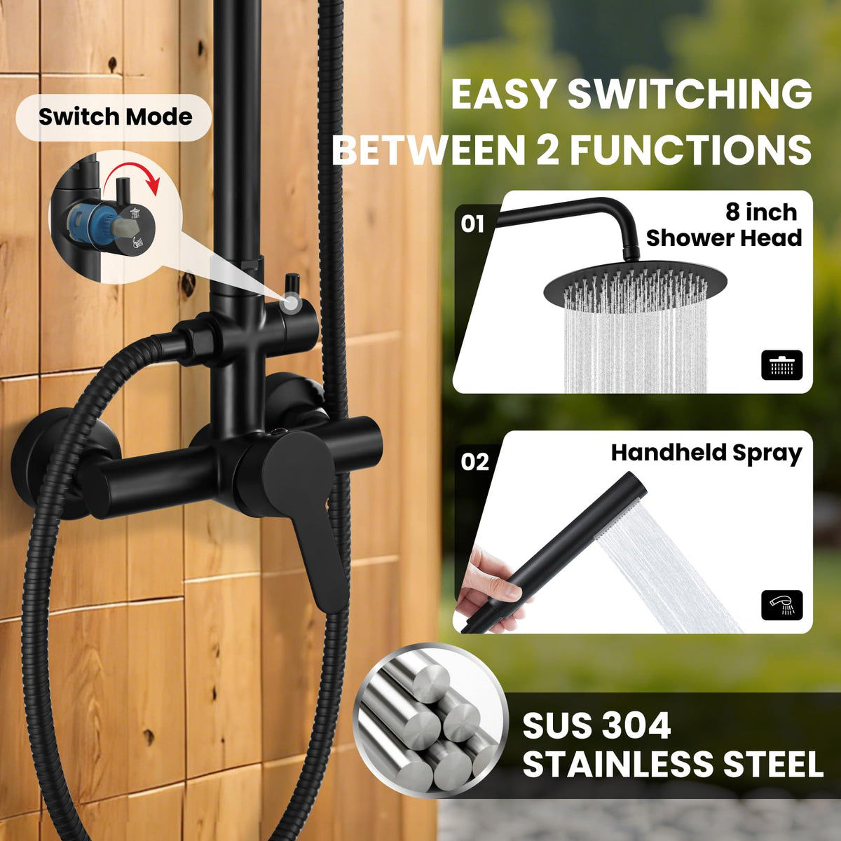 Height-adjustable pole fits adults and kids for comfortable showers.