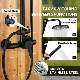 Height-adjustable pole fits adults and kids for comfortable showers.