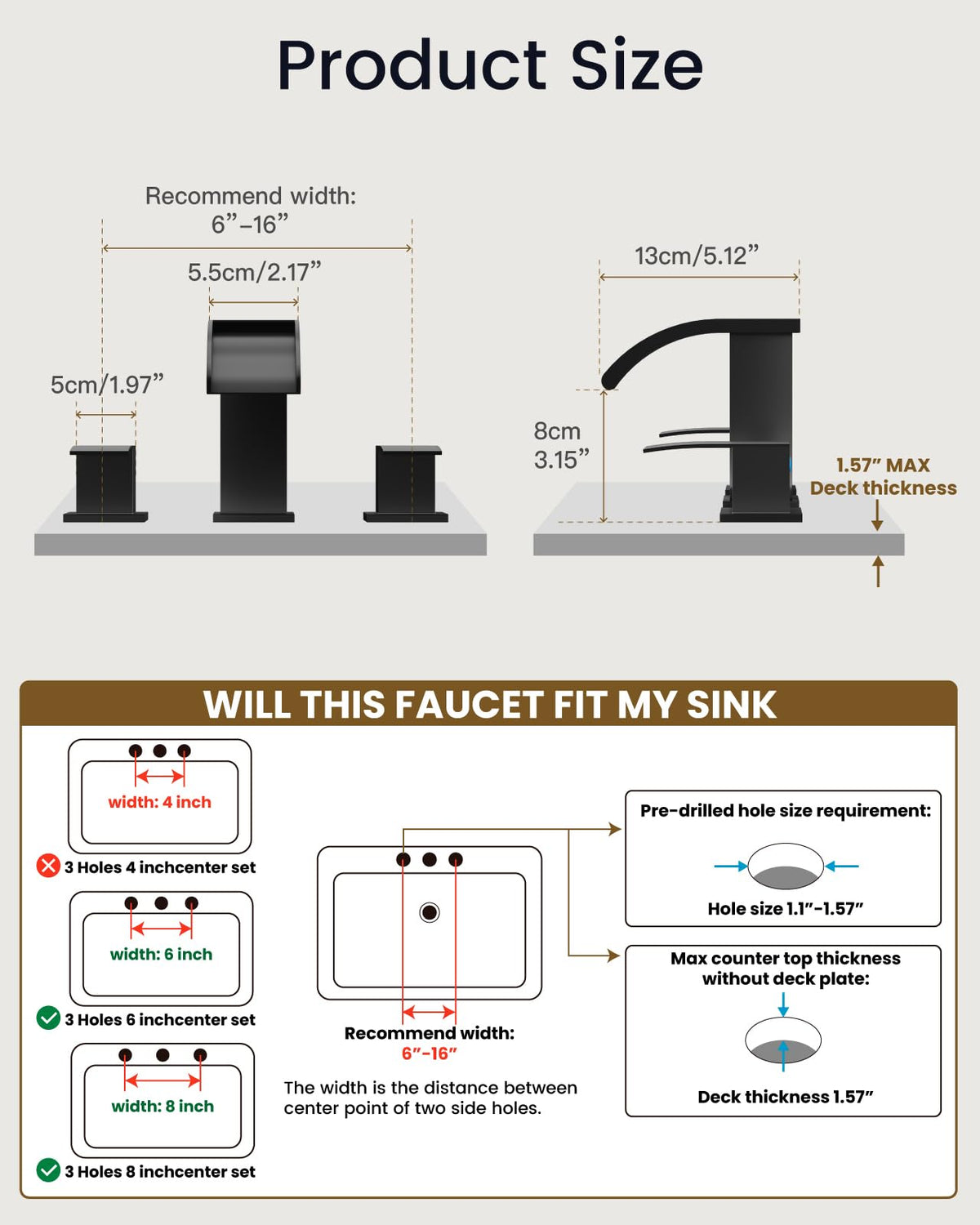 Gotonovo 3-hole deck mount fits most standard vanities.