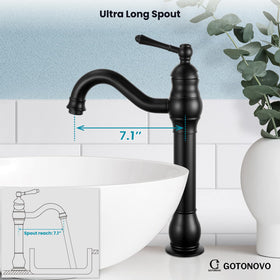 Gotonovo vessel faucet dimensions: tall 13 inches, spout height 9 inches, reach 7.1 inches