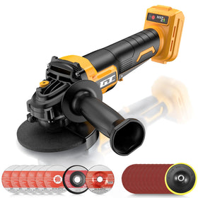 GOTUU cordless angle grinder in use with DEWALT 20V battery for precise cuts