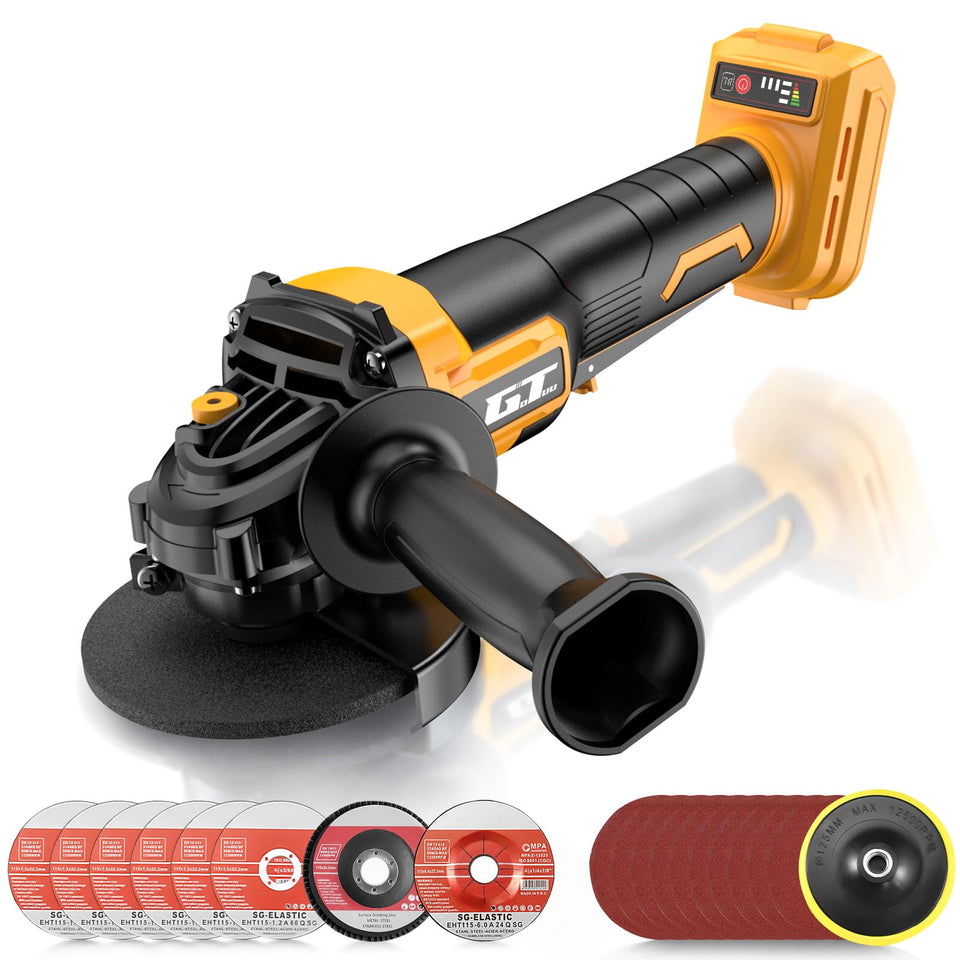 GOTUU cordless angle grinder in use with DEWALT 20V battery for precise cuts