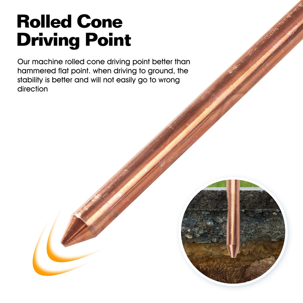 GOUNENGNAIL ground rod with rolled driving point for effortless insertion into soil.