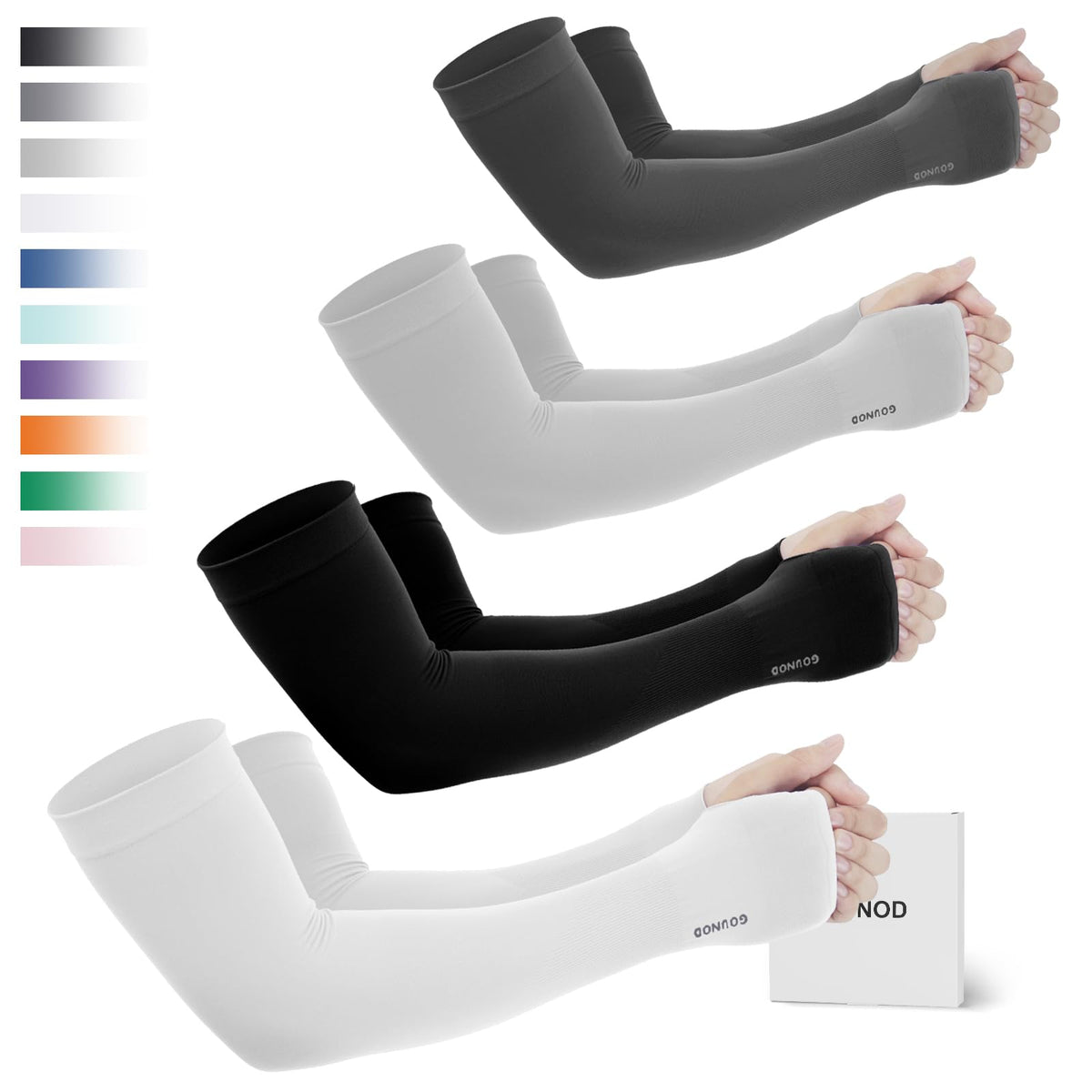 GOUNOD arm sleeves with thumb holes offer UPF protection and secure fit.