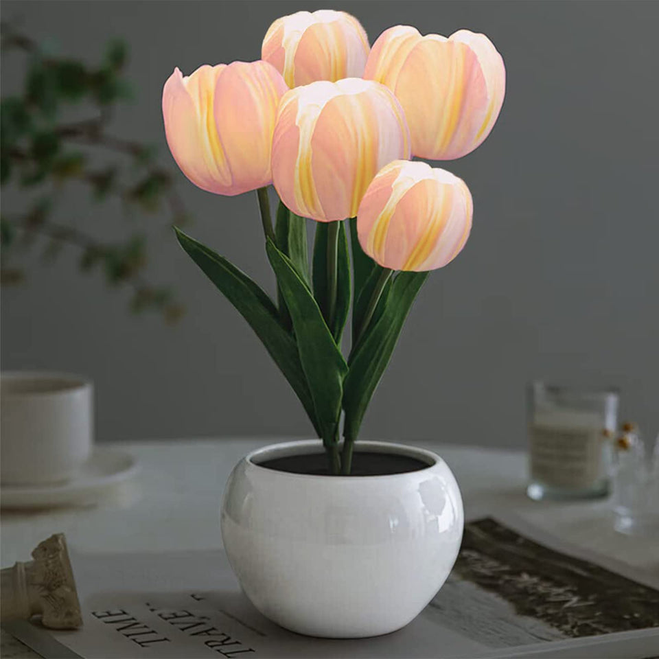 GOUTOOL Flower Table Lamp Tulip Pink with soft ambient lighting for cozy living rooms