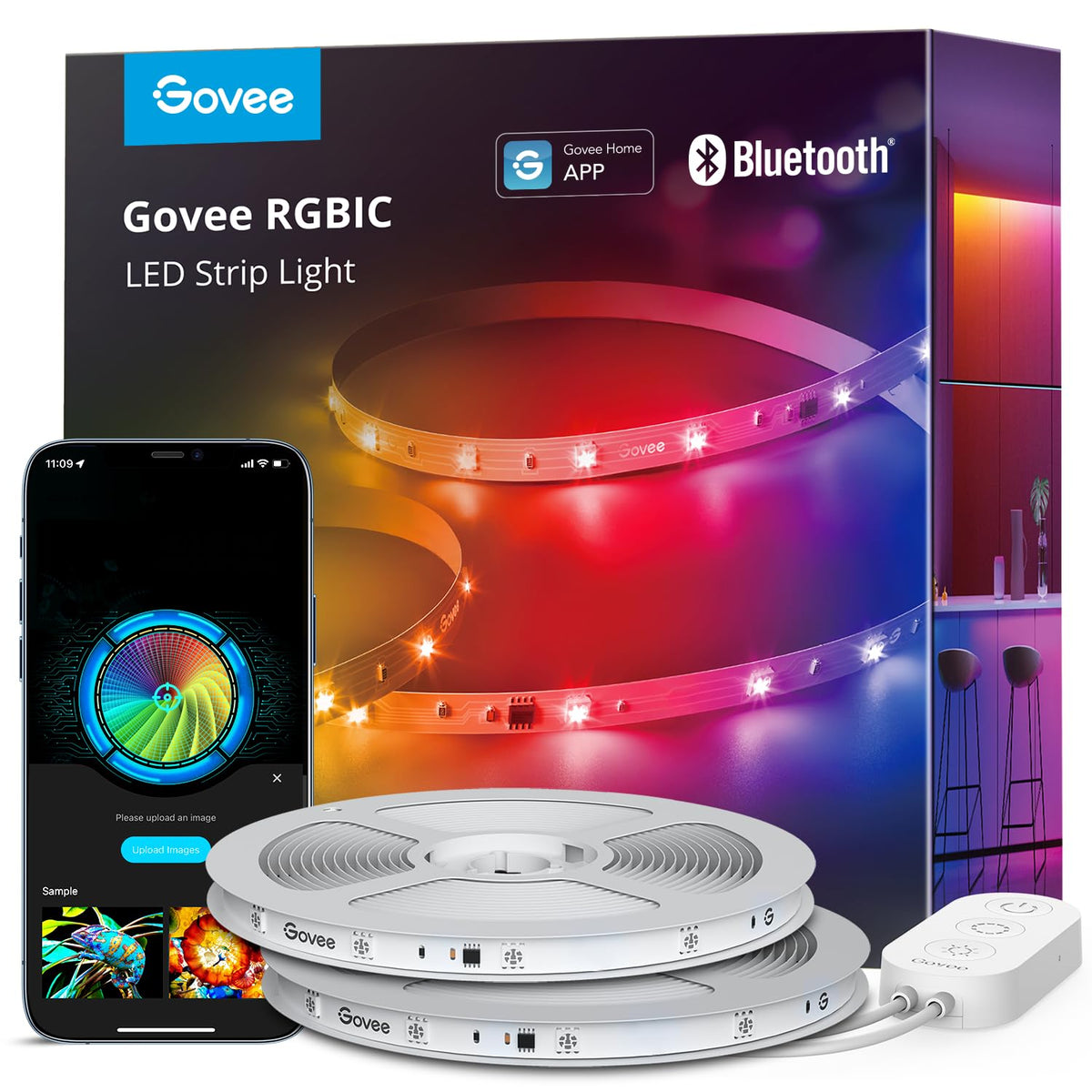 Govee RGBIC LED strip lights provide bedroom ambient lighting with multiple colors on one line.