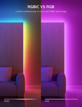 Govee RGBIC strip enables DIY color scenes in living room for mood setting.