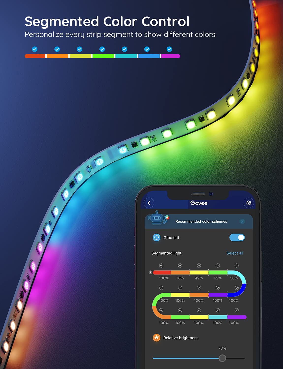 Govee 32.8ft LED strip controlled by app for precise color customization.