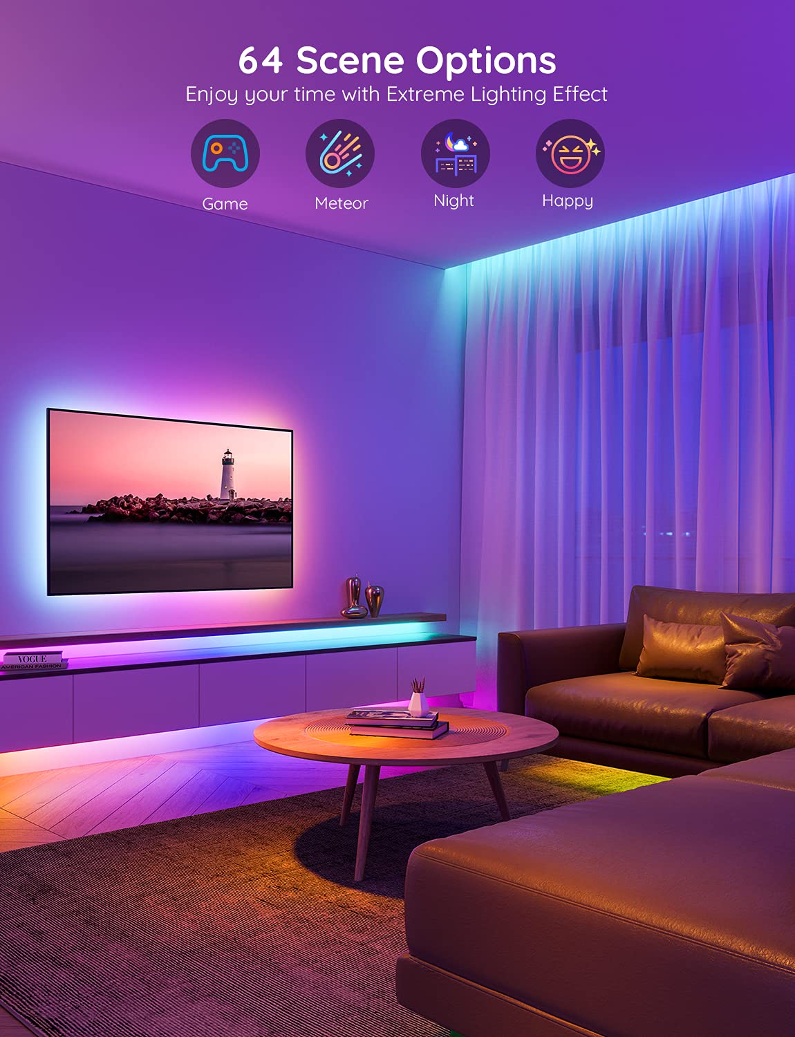 Govee RGBIC lights sync with music for dynamic mood effects.