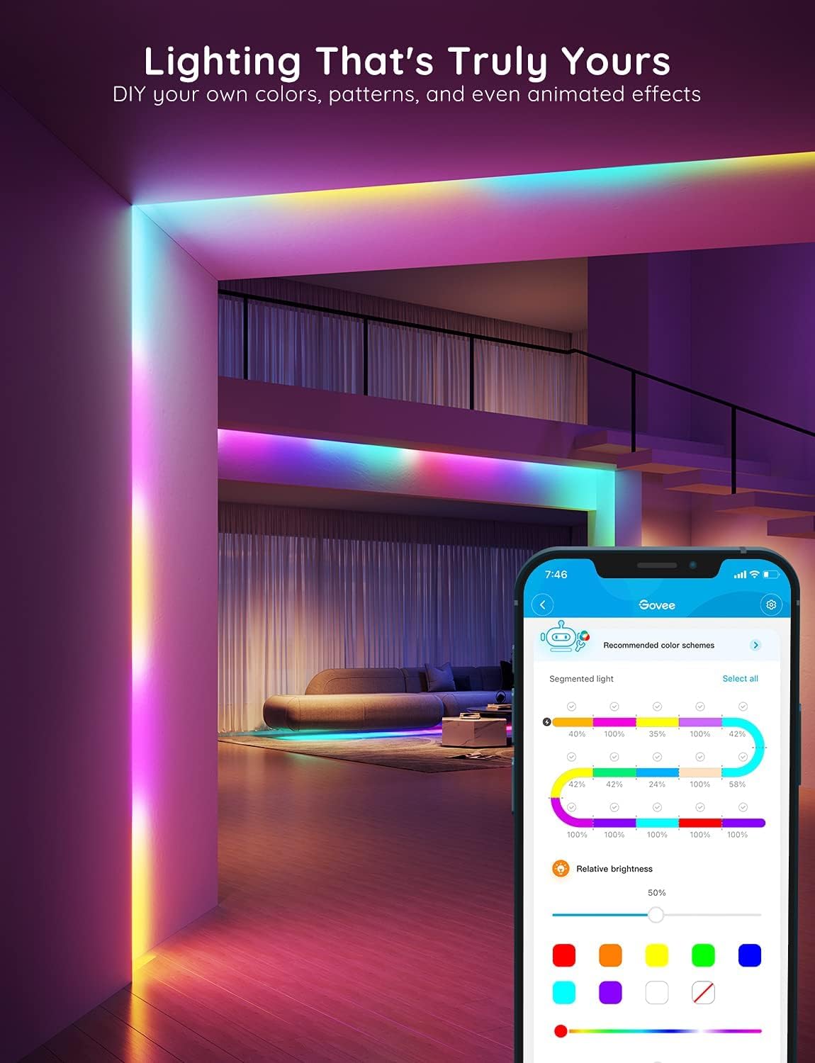 Govee RGBIC strip with Alexa and Google control for hands‑free lighting scenes