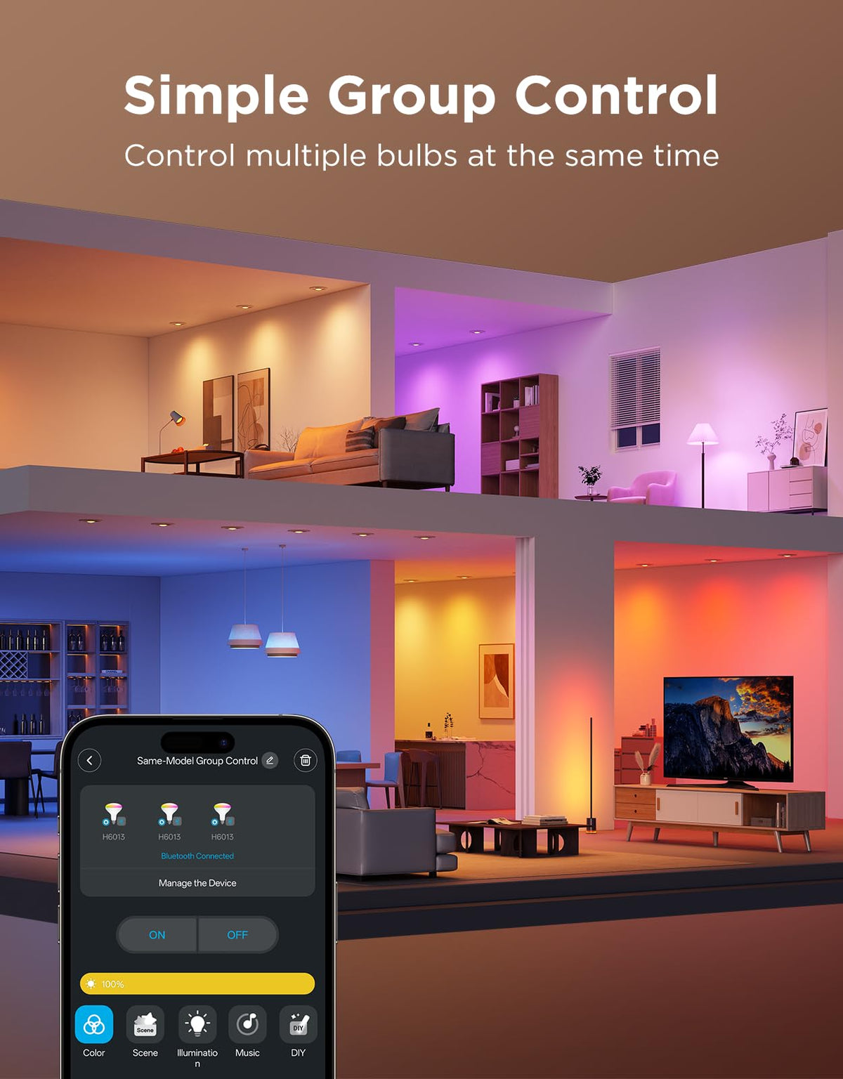 Govee app control interface with scenes and schedules