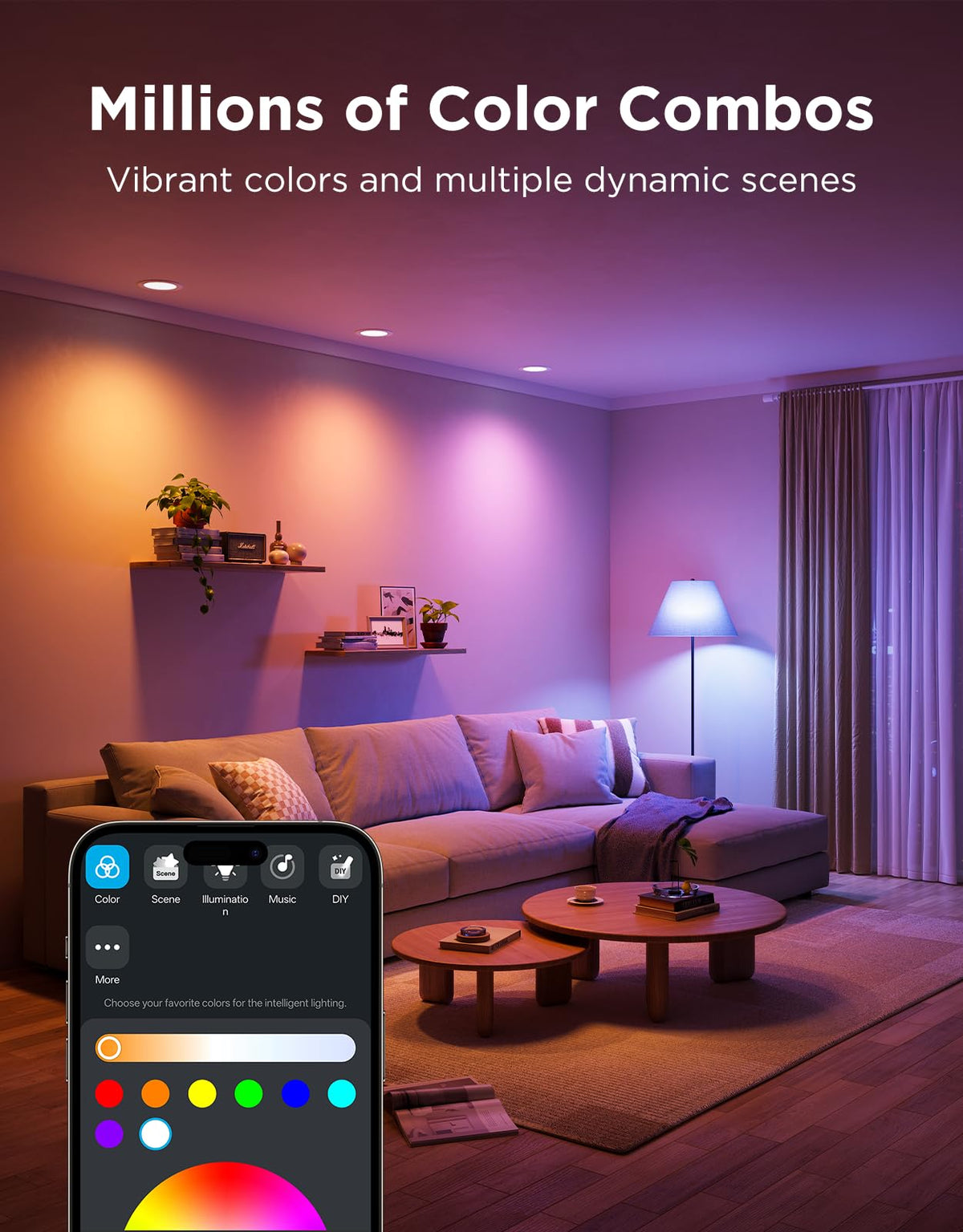 Govee BR30 bulbs in living room demonstrating bright flood lighting