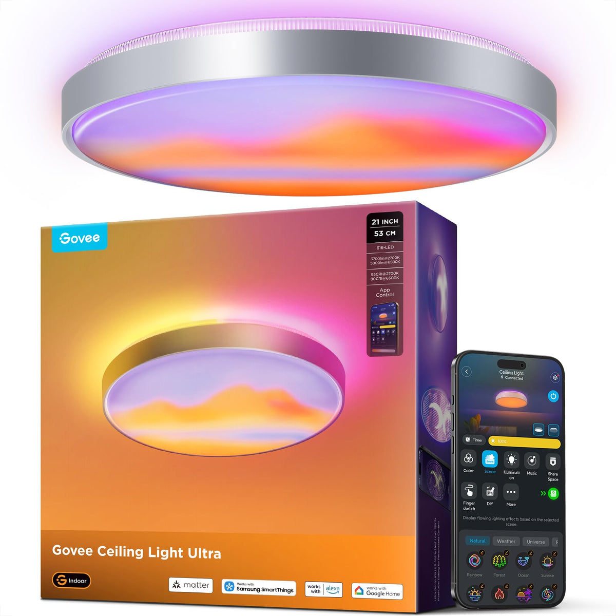 Govee Ultra 21 Inch pixel matrix ceiling light showing vibrant, customizable ceiling art