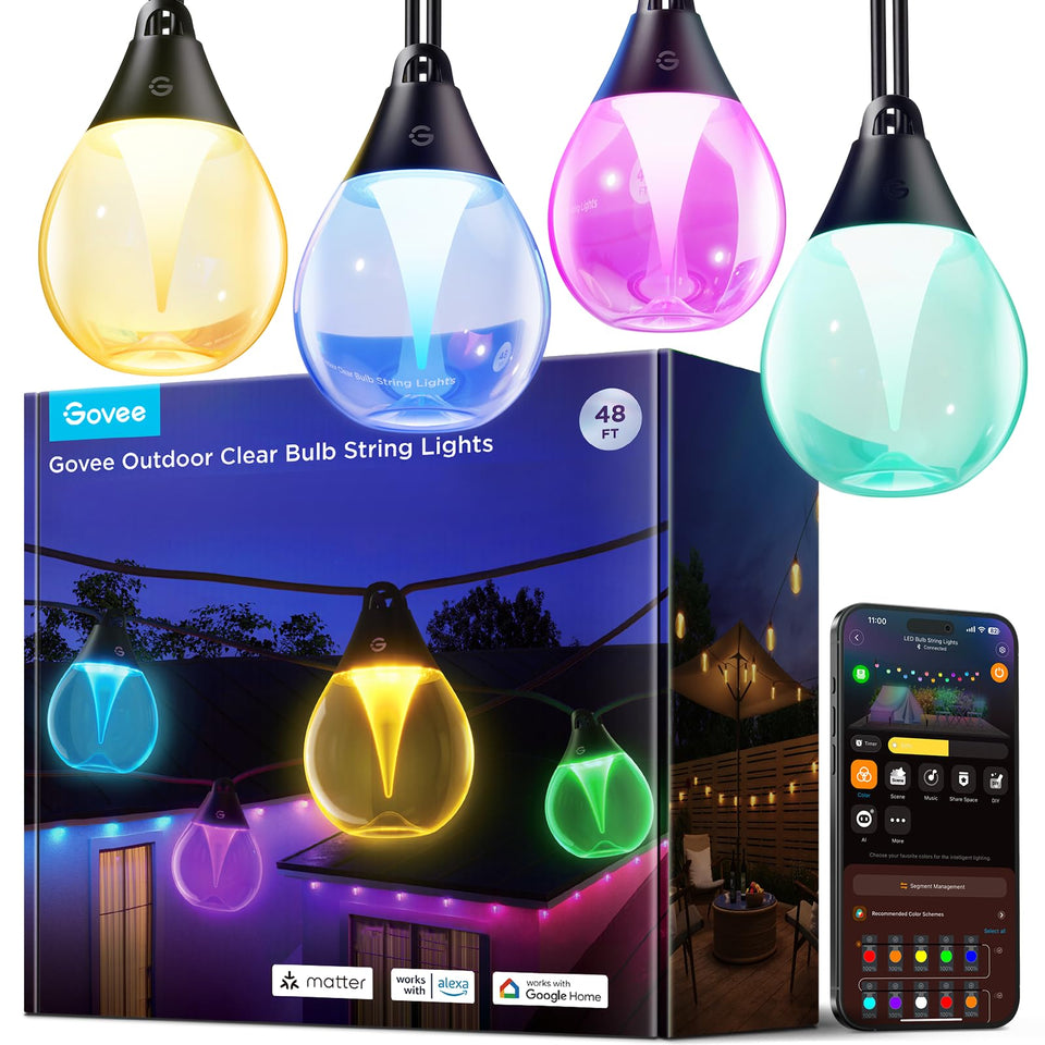 Govee Clear Bulb outdoor string lights create bright 48ft patio ambiance.