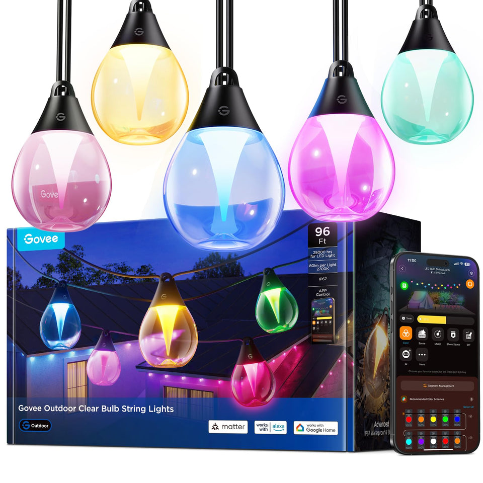 Govee Clear Bulb outdoor string lights provide 96ft coverage for patios and backyards.