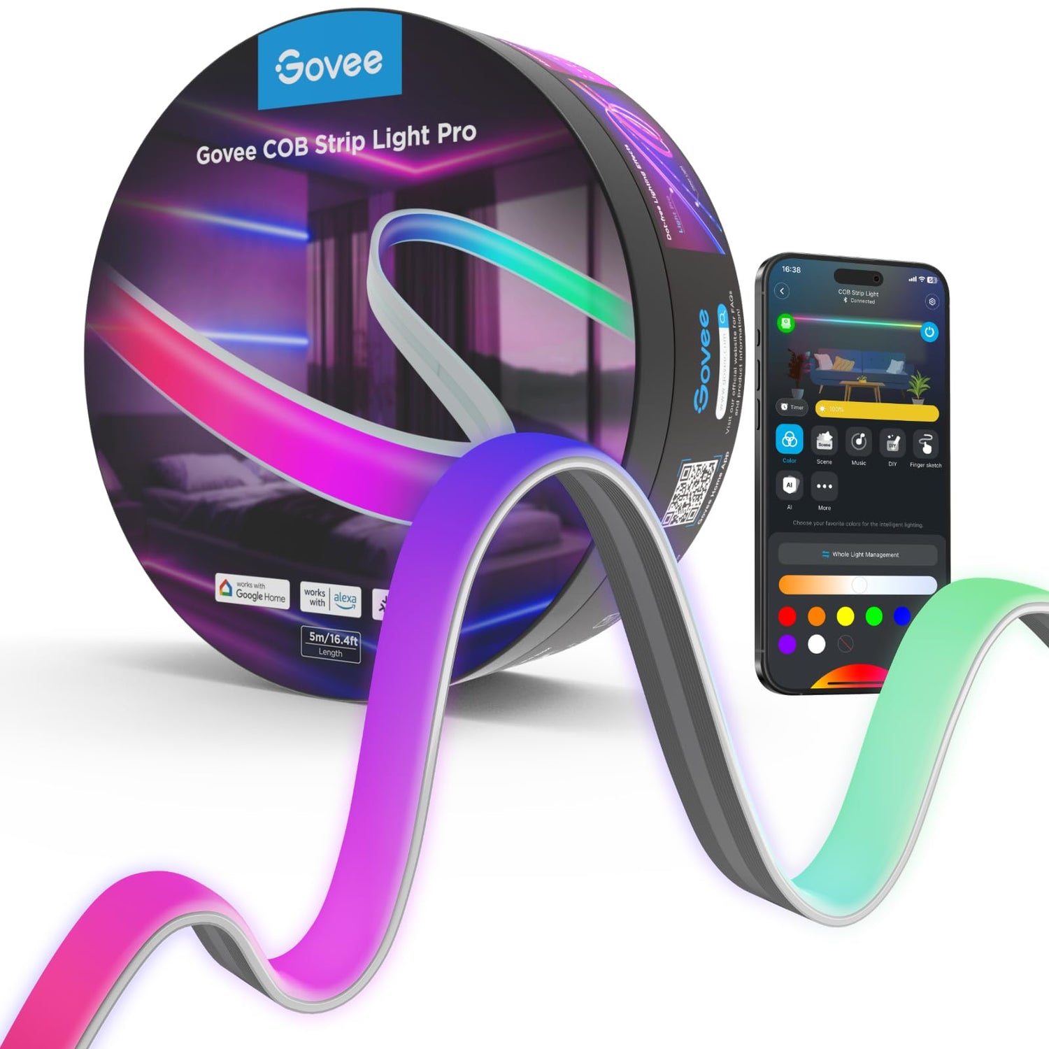 Govee COB LED Strip Pro ambient bedroom lighting with vibrant color options for mood lighting.