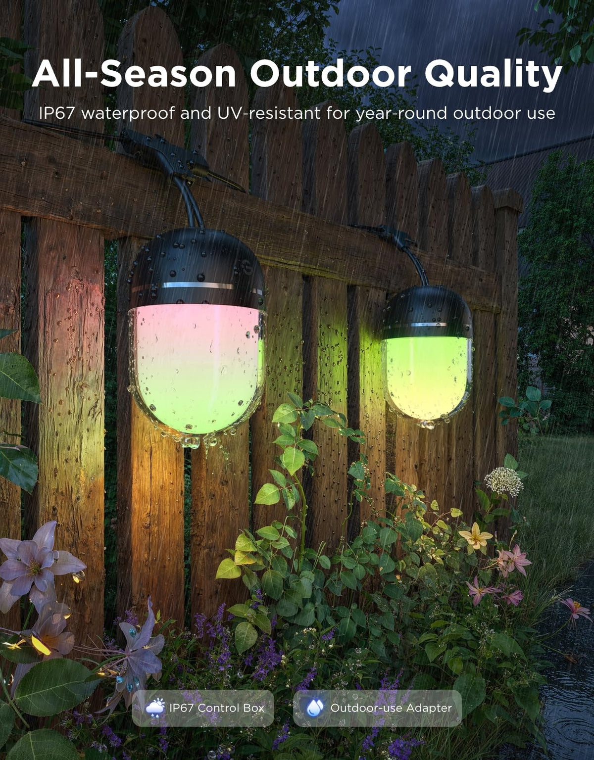 Govee dual-layer shell showcases soft, vibrant diffusion for elegant outdoor lighting.