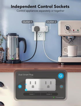 Govee Dual Smart Plug in-use powering a lamp from a single outlet.