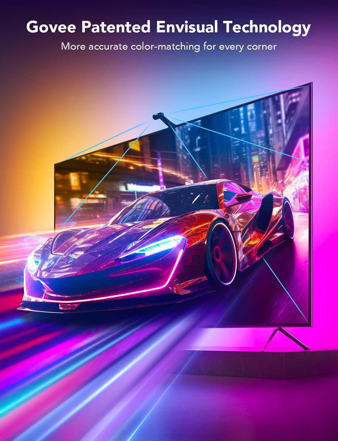 Govee Envisual T2 RGBIC density delivers vibrant room lighting for cinematic moments.