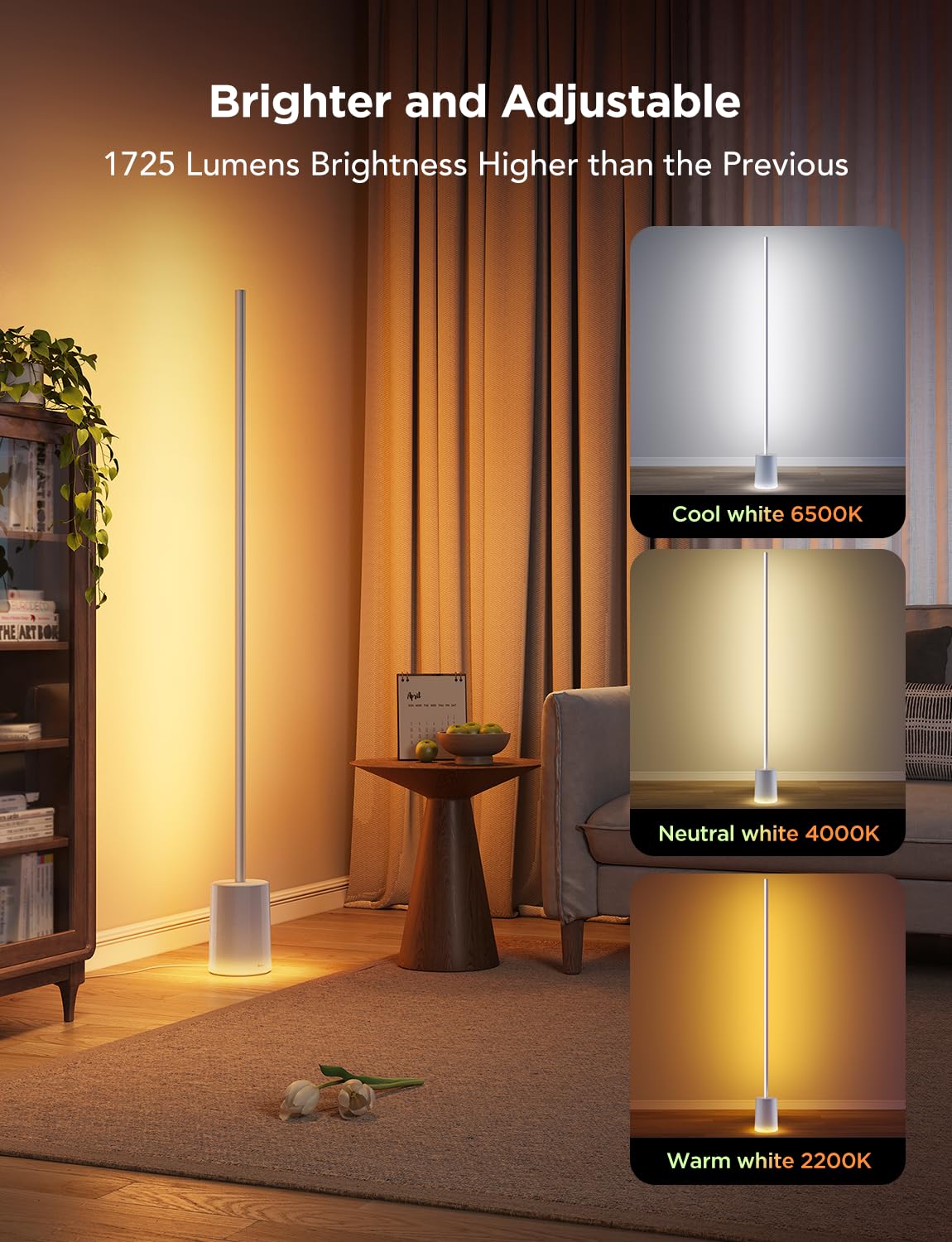 Govee Floor Lamp 2 2200K–6500K color range for warm to cool whites