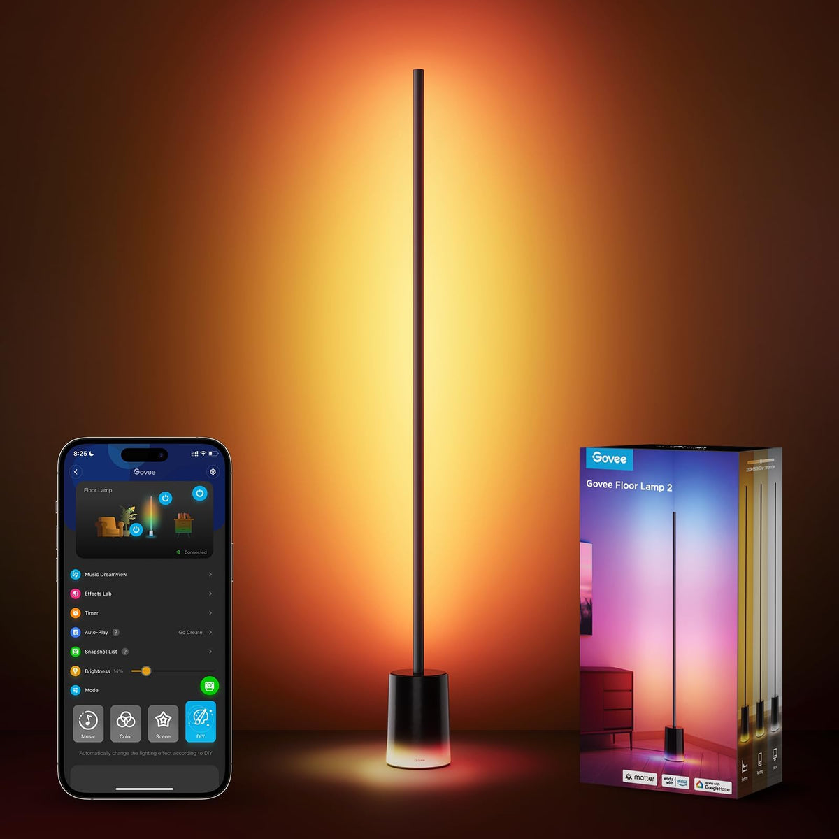 Govee floor lamp 60in stand delivers wide-area illumination.