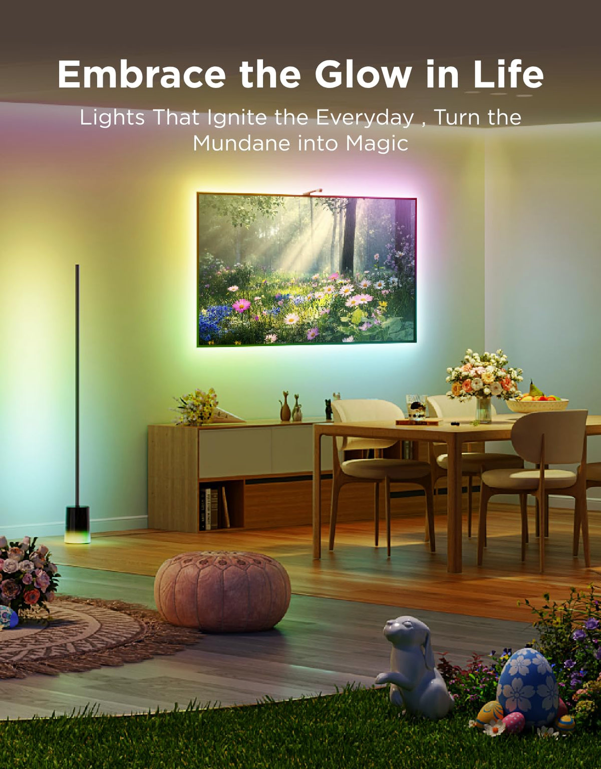 Govee floor lamp base LED effects highlights vibrant color options.
