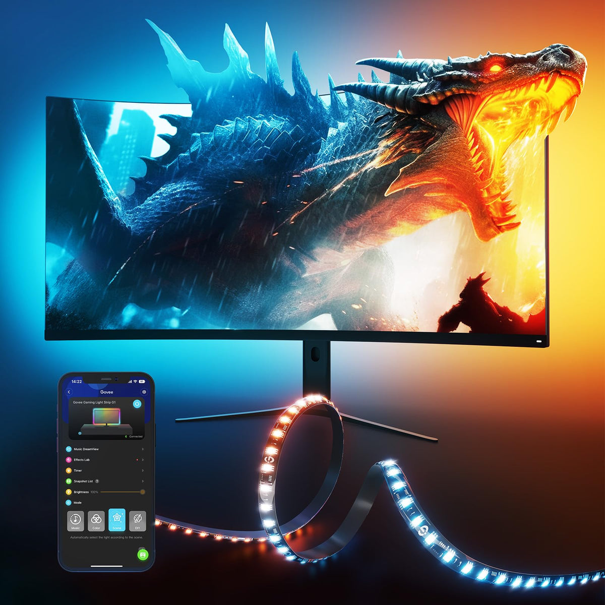 Govee Gaming Light for Monitor G1 front view showing RGBIC glow for immersive gaming