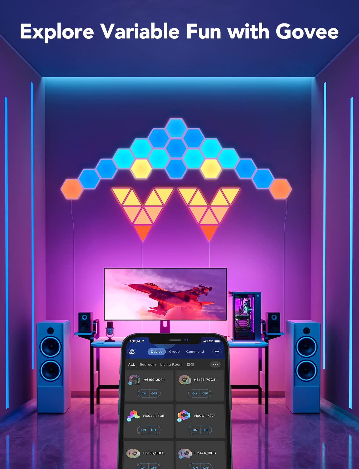 Govee Glide Hexa app-controlled lighting with scheduling and scene sharing.