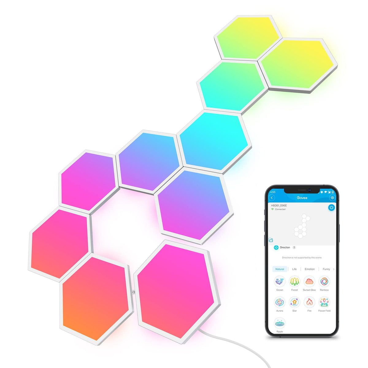 Govee Glide Hexa panels on wall glow with RGBIC colors for ambient lighting.