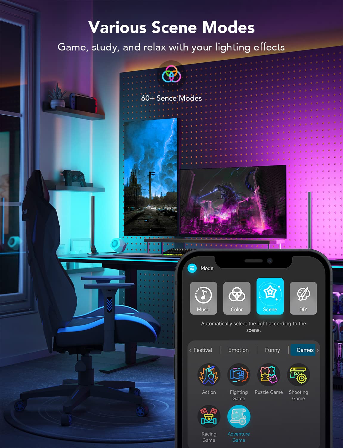 Govee H6047 offers 60+ scene modes for gaming or relaxing moods
