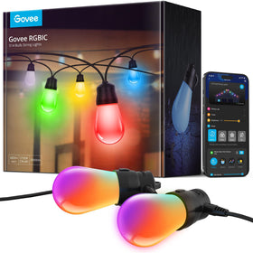 Govee H7015 outdoor string lights illuminate a patio with vibrant RGBIC colors