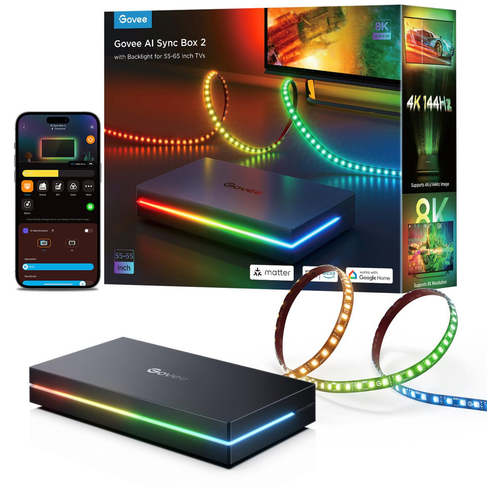 Govee HDMI 2.1 Sync Box 2 hero shot shows synchronized TV backlight for immersive viewing.