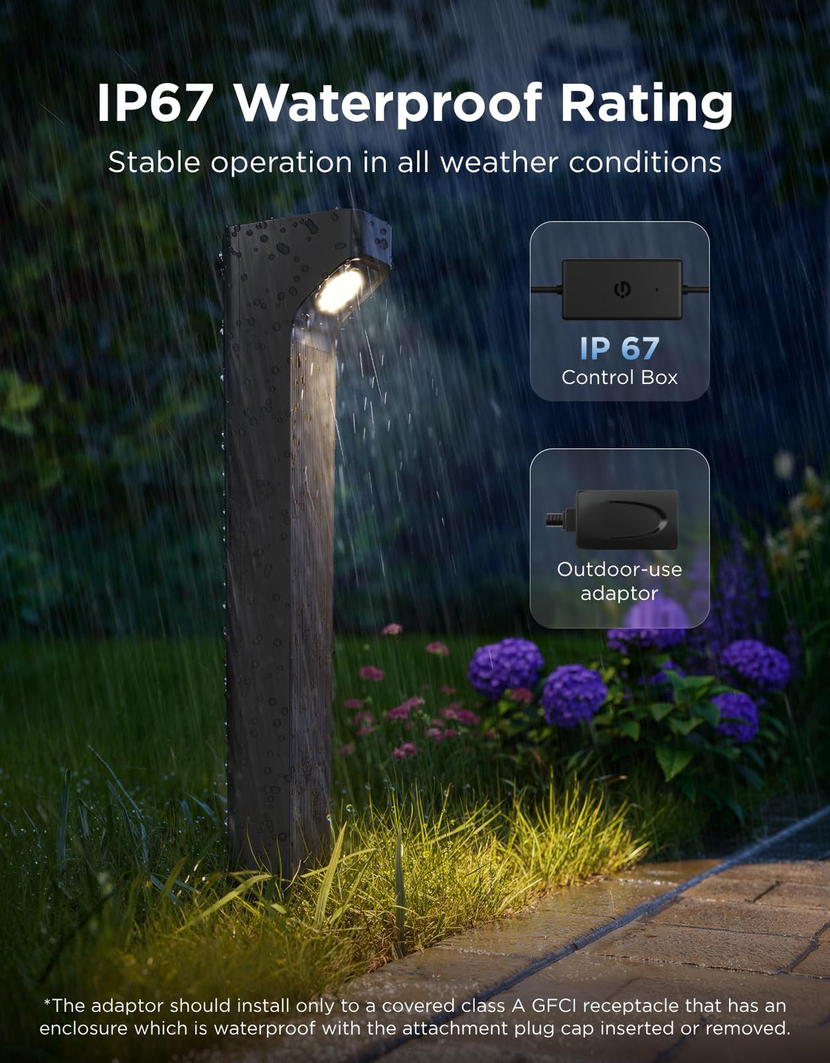 Govee IP67 waterproof rating for durable outdoor performance in rain.