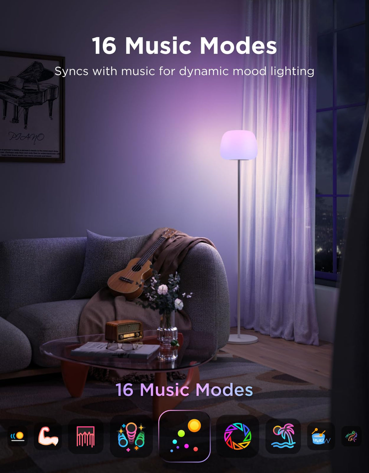 Govee Lantern Floor Lamp DaySync adjusts hue and brightness through the day.