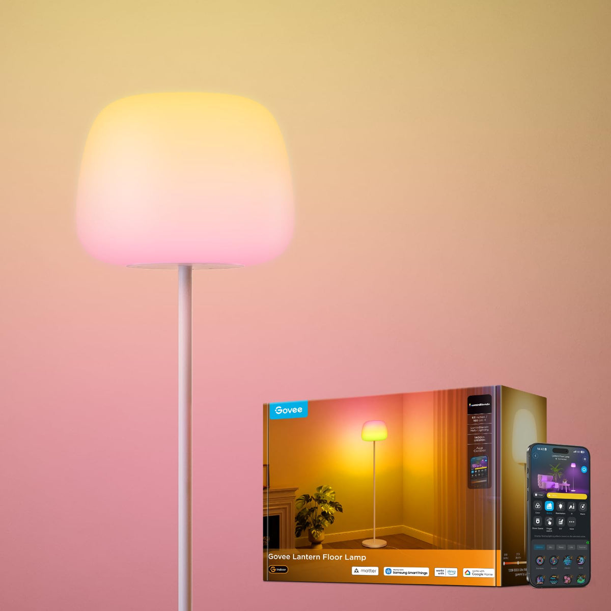 Govee Lantern Floor Lamp with halo gradient lighting in a bright living room.