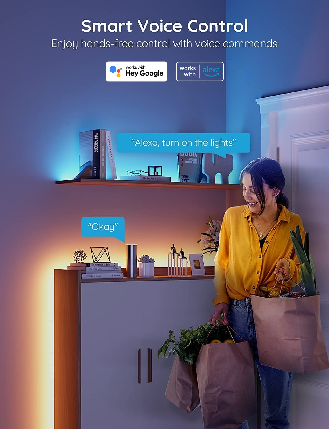 Govee strip lights compatible with Alexa and Google Home for hands-free control.