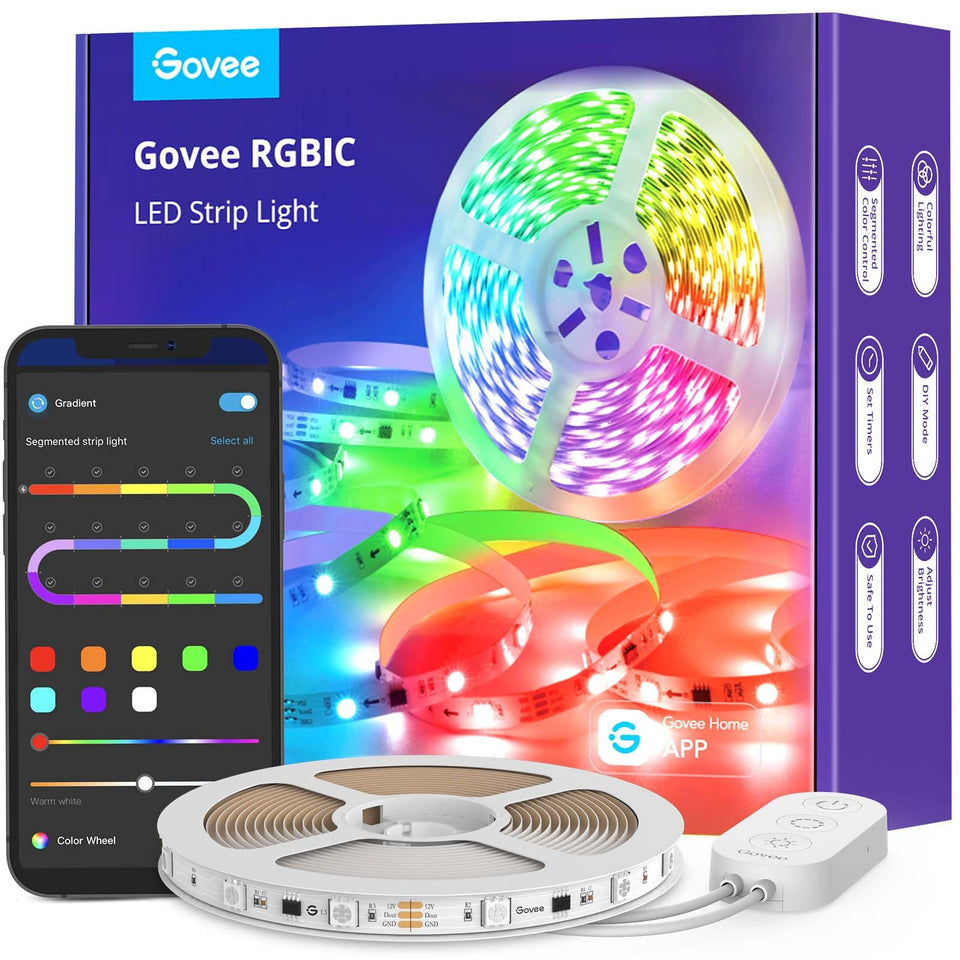 Govee RGBIC LED strip lights multi-color display for vibrant ambience.