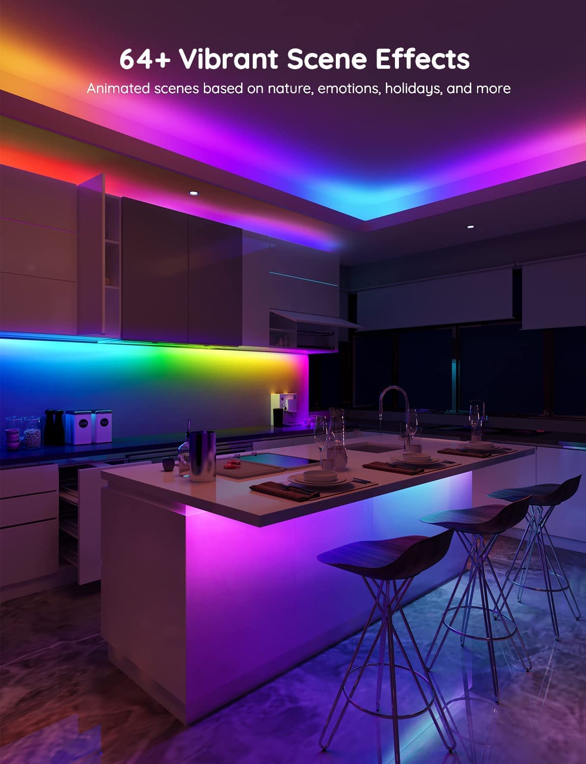 Govee LED strip lights sync to music for immersive color transitions.