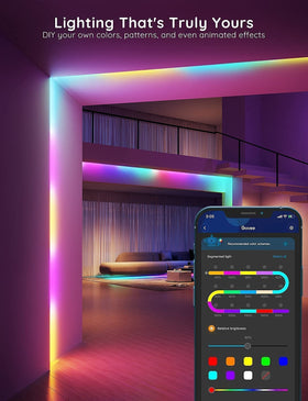 Govee LED strip shown with Alexa and Google Assistant for hands-free control.