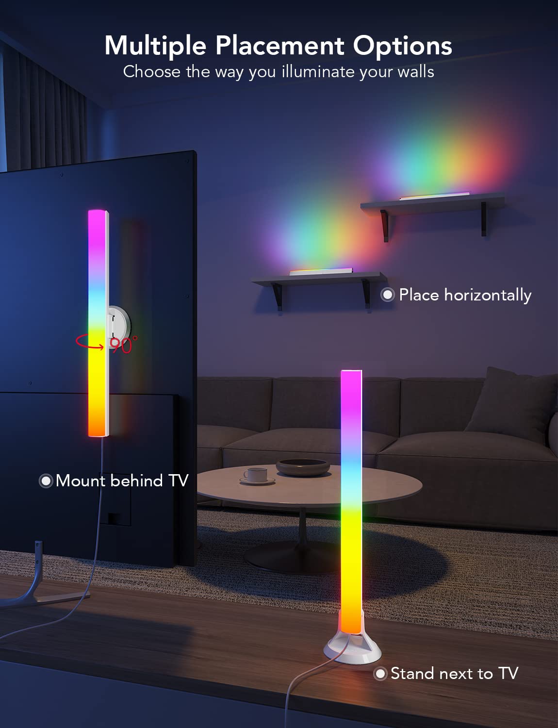 Govee LED wall wash creates room ambiance with synchronized lighting.