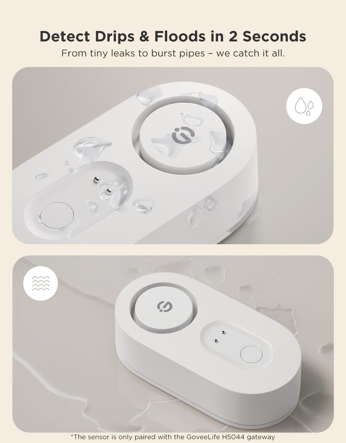 GoveeLife dual-probe sensors detect leaks early near appliances.