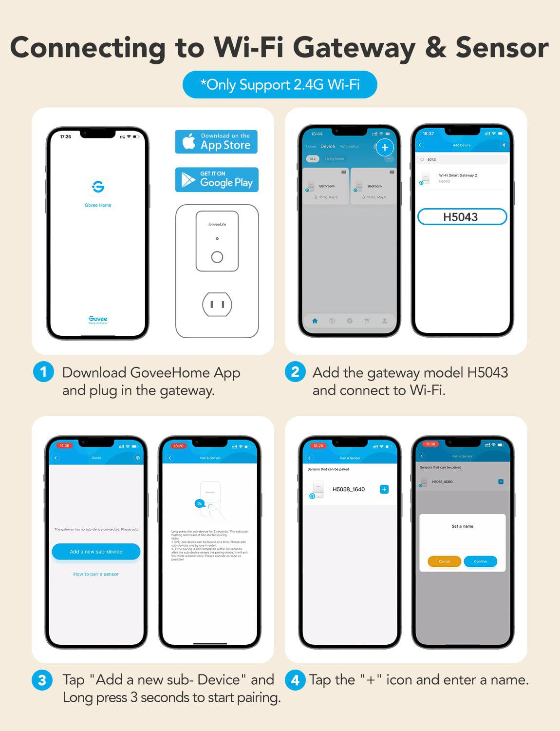 GoveeLife Gateway 2.4G WiFi connects to home networks for alerts.