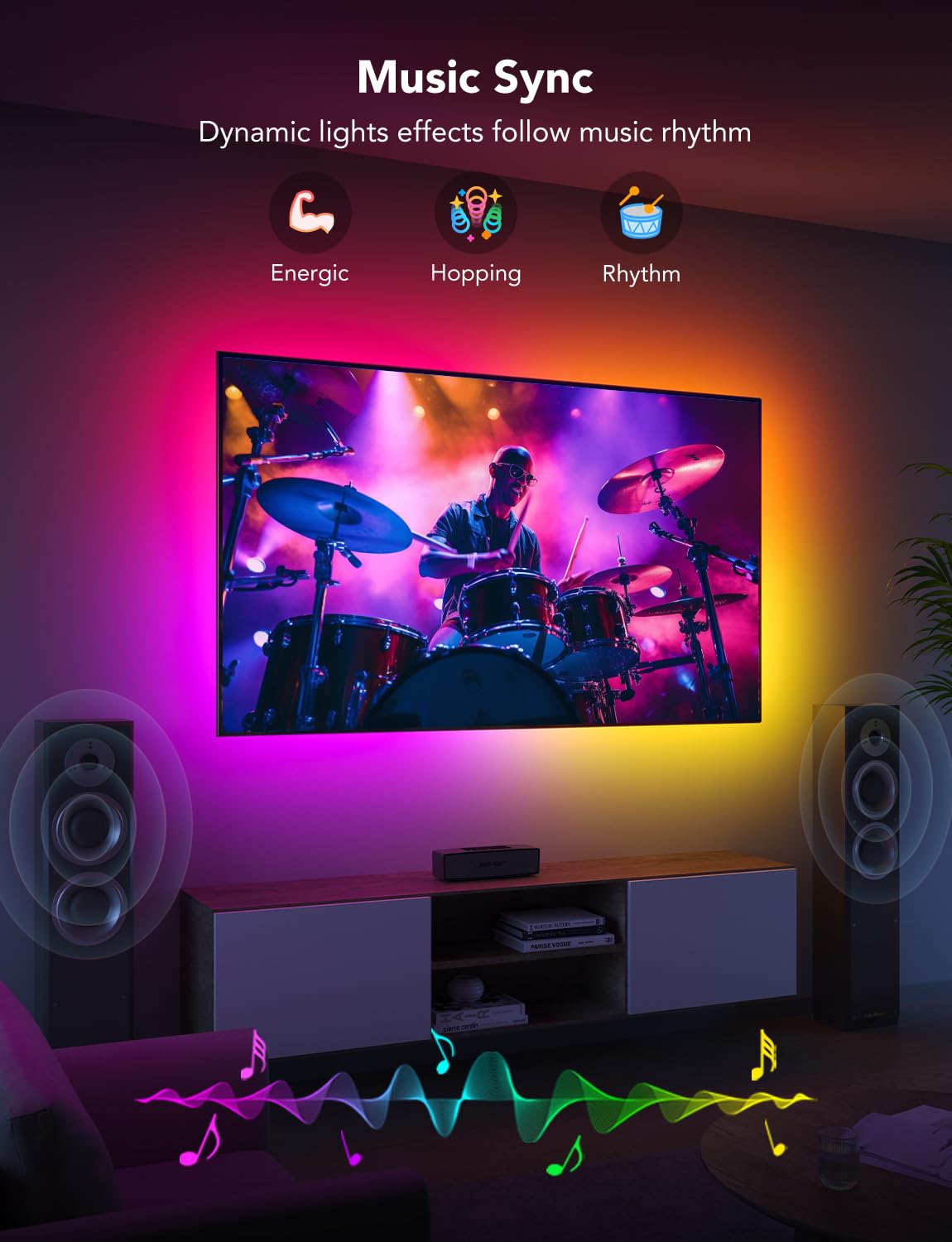 Govee music-sync effect demo with colors pulsing to sound