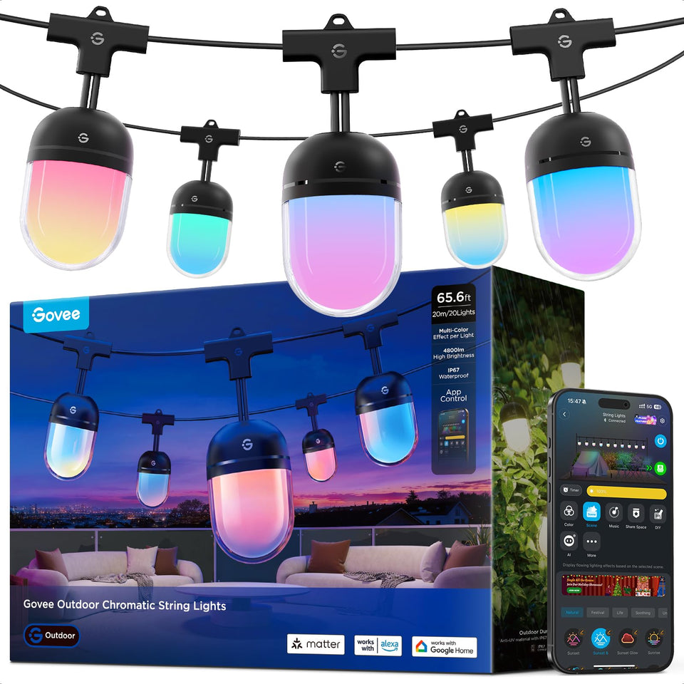 Govee outdoor chromatic string lights illuminate outdoor spaces with vibrant, customizable colors.