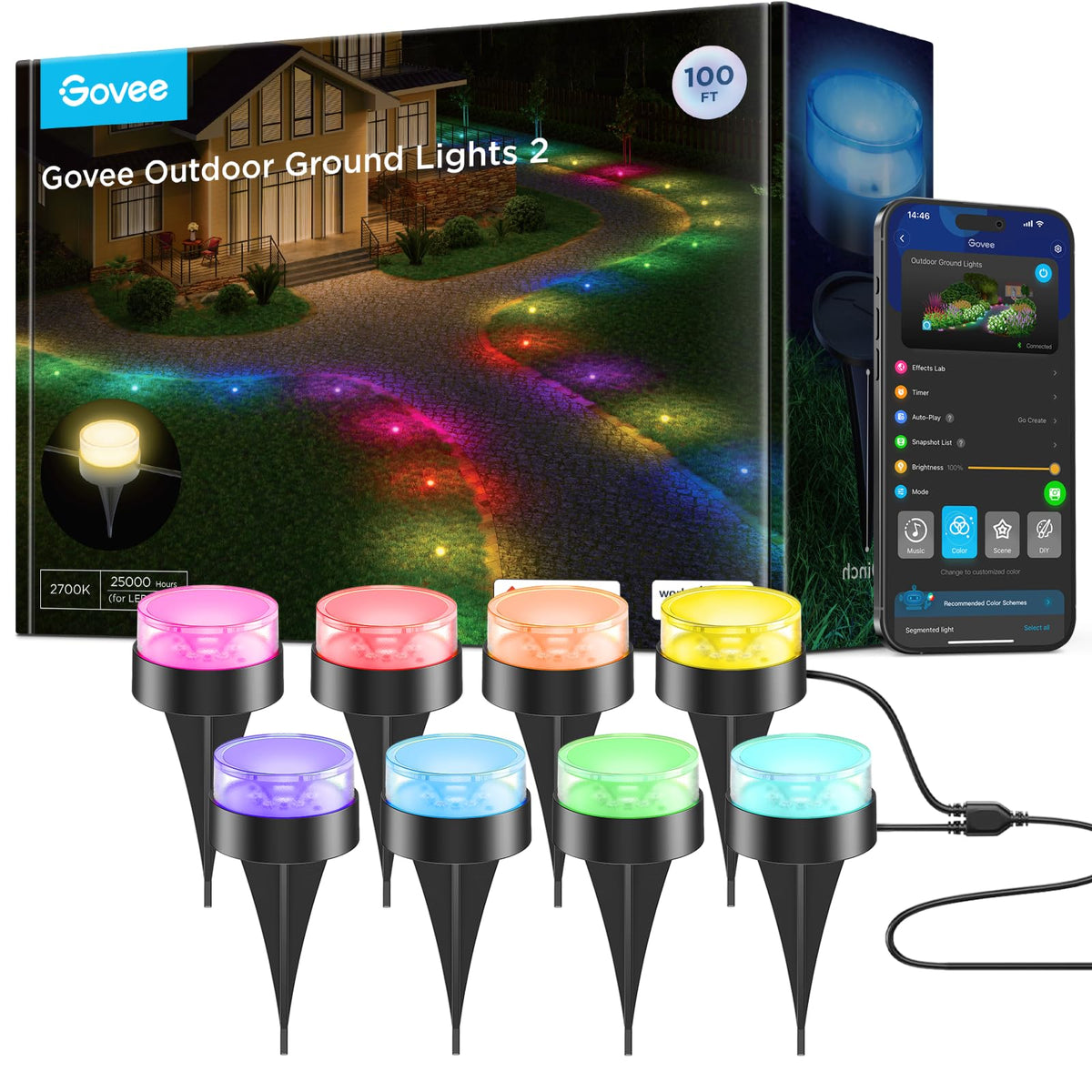 Govee Outdoor Ground Lights 2 along a path with vibrant RGBIC colors.